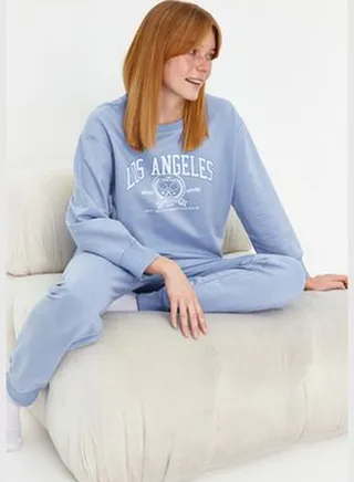 Blue 100% Cotton Printed Sweatshirt-Jogger Knitted Pajama Set