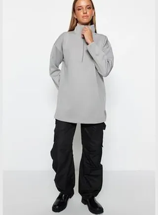 Gray Zipper Detailed Diver/Scuba Plain Knitted Sweatshirt TCTAW23TW00198