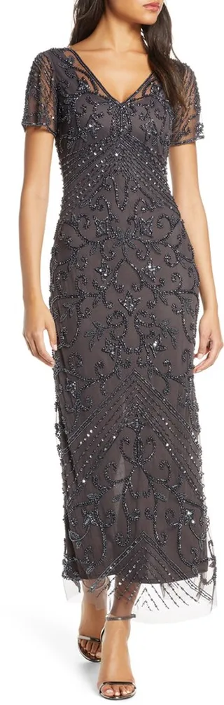 Beaded Mesh Column Gown
