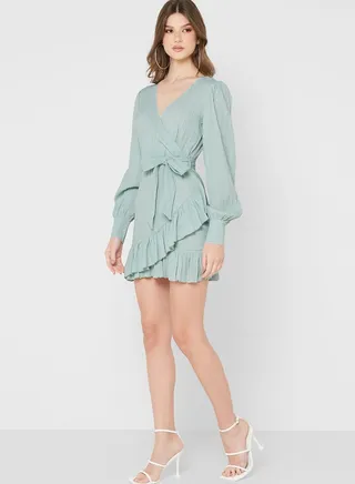 Belted Ruffle Trim Puff Sleeve Dress