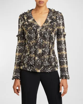 Estela V-Neck Tweed Fringe Jacket