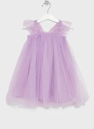 Girls Solid Ruffle Tulle Dress