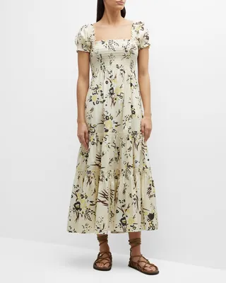Printed Smocked Midi Dress