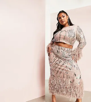 ASOS LUXE Curve embellished gemstone midi skirt with faux feather hem in mink