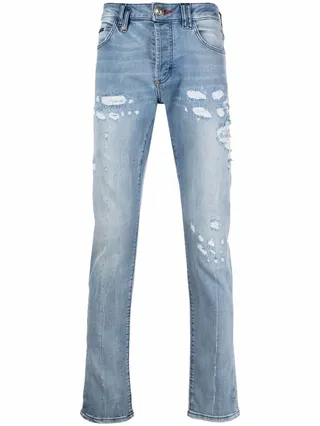 Distressed Straight-Cut Jeans