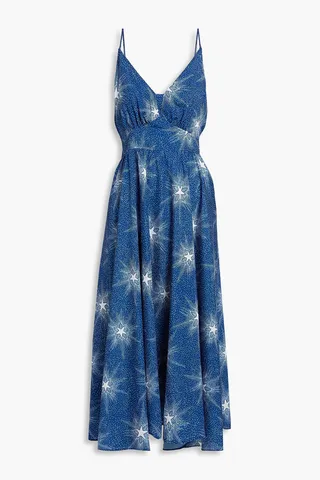 Gathered printed crepe midi dress