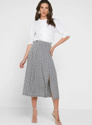Split Hem Printed High Waist Skirt