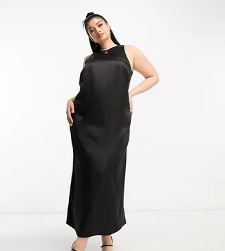 ASOS DESIGN Curve racer neck satin midi dress in black