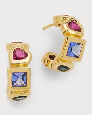 18k Yellow Gold Mix Rainbow Gemstone Hoop Earrings