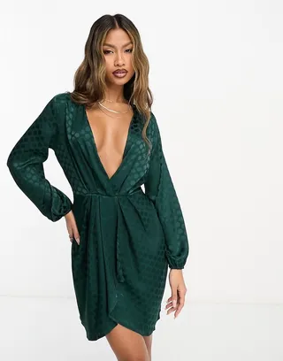 Vesper satin mini long sleeve dress in dark green
