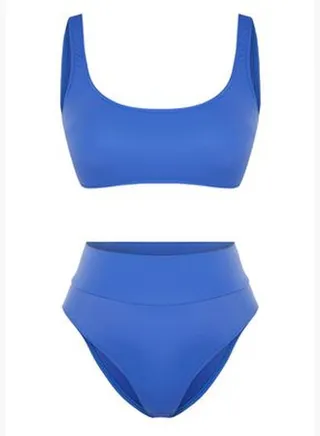 Saxe Blue Strapless High Waist High Leg Bikini Set TBESS22BT0010