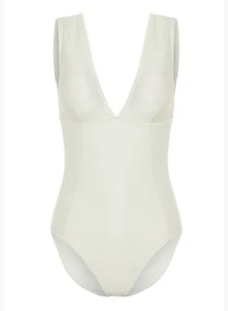 Ecru V-Neck Textured Swimsuit TBESS24MA00045