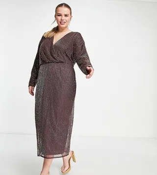 ASOS DESIGN Curve gold linear embellished batwing midi dress in mauve