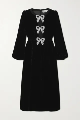 Saloni - Camille Bow-embellished Velvet Midi Dress - Black