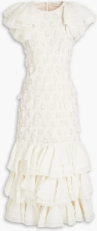 Tiered chiffon-paneled linen and silk-blend gown