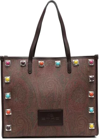 Brown Stud Embellished Paisley Print Tote Bag
