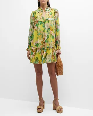 Mikayla Smocked-Yoke Floral Silk Mini Dress