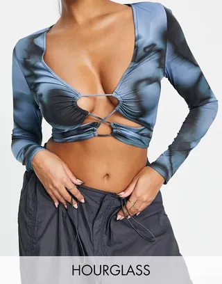 ASOS DESIGN Fuller Bust exclusive long sleeve ruched front top in black marble