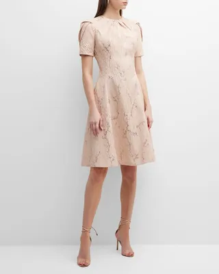 Pleated Fit-&-Flare Jacquard Knee Dress