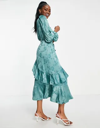 Little Mistress long sleeve ruffle maxi dress in floral jacquard