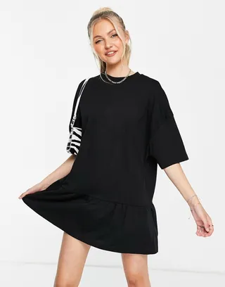 ASOS DESIGN oversized t-shirt dress with frill hem in black