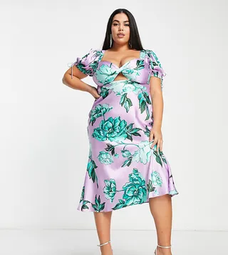 ASOS DESIGN Curve satin midi tea dress with twist front in lilac and green floral print
