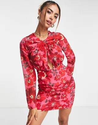 Hope & Ivy twist front mini dress in red floral