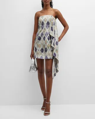 Luisa Scarf Tile-Print Strapless Silk Mini Dress