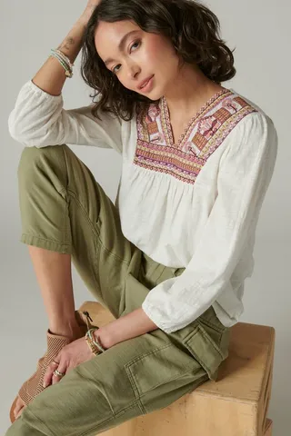 Embroidered V Neck Peasant Top