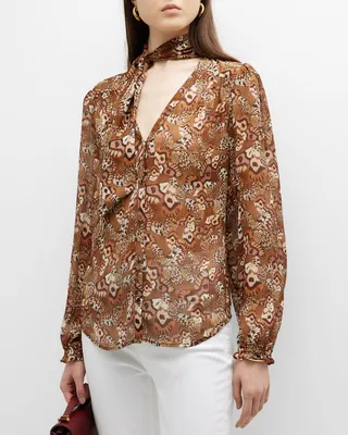 Marcella Printed Tie-Neck Blouse