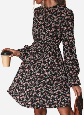 Women's Long Sleeve A-Line Mini Dress Smocked Dress - Cupshe - Black-XS