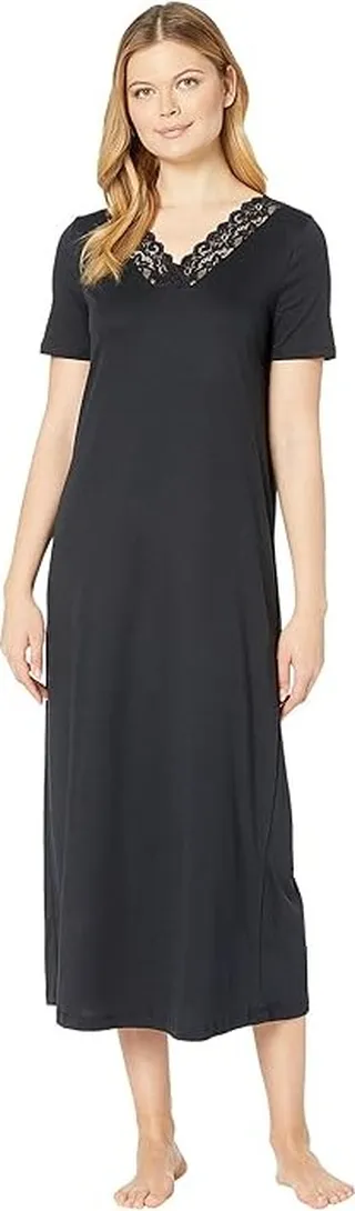 Hanro Moments Short Sleeve Long Gown (Black) Women's Clothing