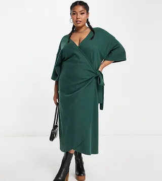ASOS DESIGN Curve super soft midi wrap sweater dress with belt in forest green