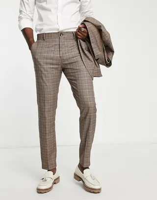 Selected Homme slim fit suit pants in brown check