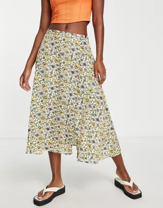 JDY midi skirt in yellow floral print