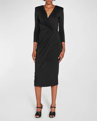 Draped Strong-Shoulder Jersey Midi Dress