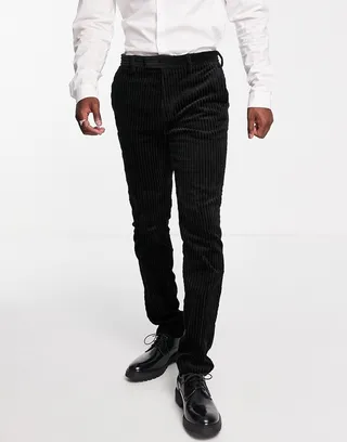Topman skinny jumbo cord suit pants in black