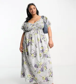 ASOS DESIGN Curve cotton shirred corset midi dress in floral print
