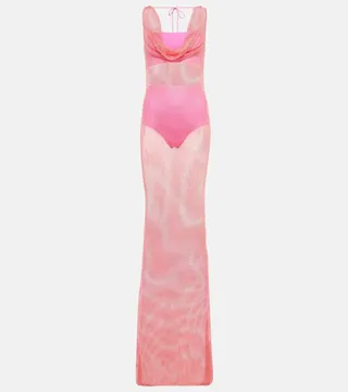 Rhinestone embroidered mesh maxi dress