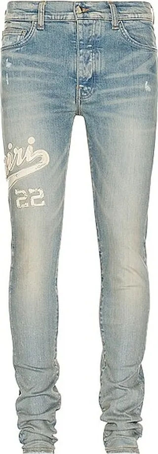 Amiri Varsity Applique Logo Skinny Jean in Blue