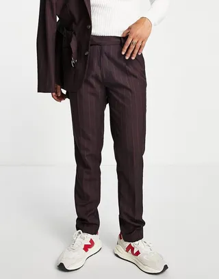ASOS DESIGN slim suit pants in burgundy pinstripe