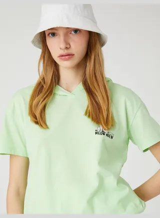 Cat Printed Short Sleeve Cotton Hooded T-Shirt