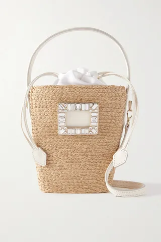 Roger Vivier - Viv Basket Mini Crystal-embellished Leather-trimmed Raffia Shoulder Bag - Neutrals