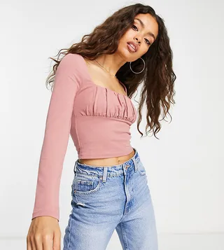 ASOS DESIGN Petite gathered bust detail long sleeve top in dark rose