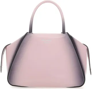 Handbag realized in shaded effect polished finish leather characterized by laminated printed logo at the front enriched by iconic logoed triangle on the side.