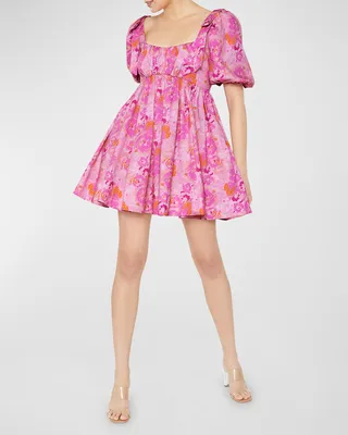Martinique Floral Puff-Sleeve Tie-Back Mini Dress