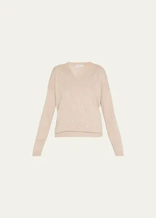 Argyle Paillette Cashmere V-Neck Sweater