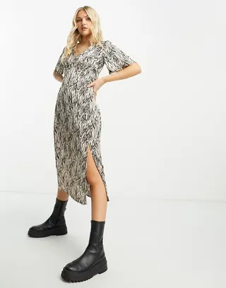 New Look side split midi dress in brown zebra print