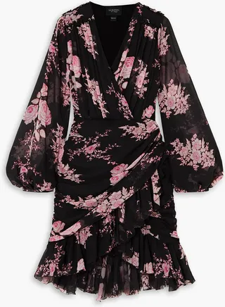 Wrap-effect ruffled floral-print silk-georgette mini dress