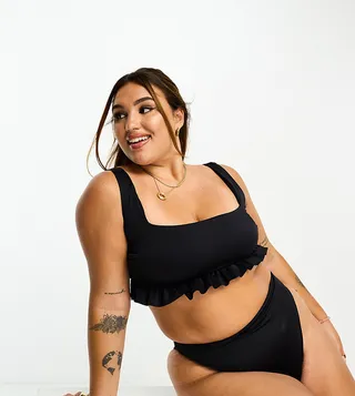ASOS DESIGN Curve mix and match ruched crop frill bikini top in black